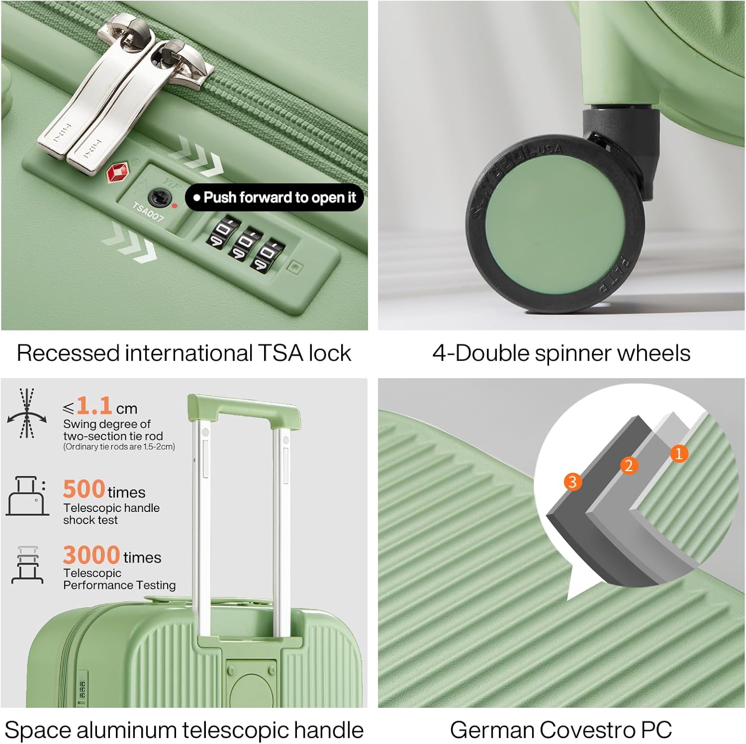 mixi Carry On Luggage with Cup Phone Holder Hard Shell Rolling Travel Suitcase with Spinner Wheels,20 Inch Avocado Green